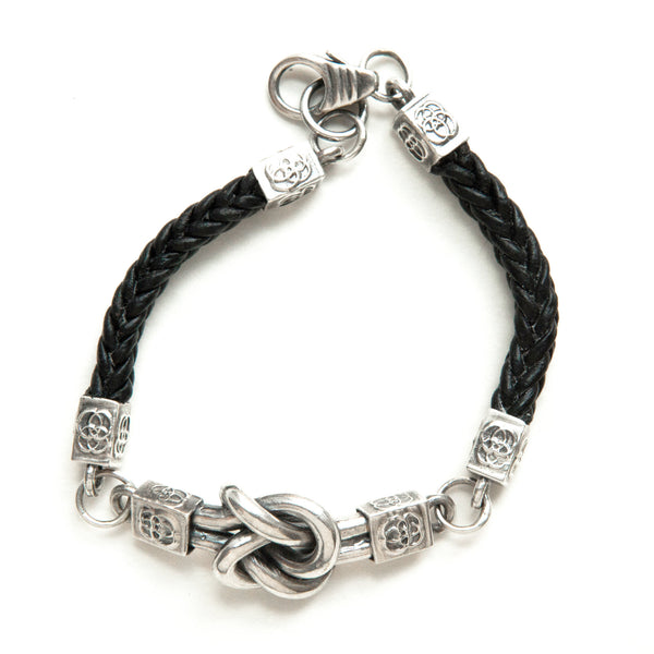 Double love knot or friendship knot silver and leather bracelet-front