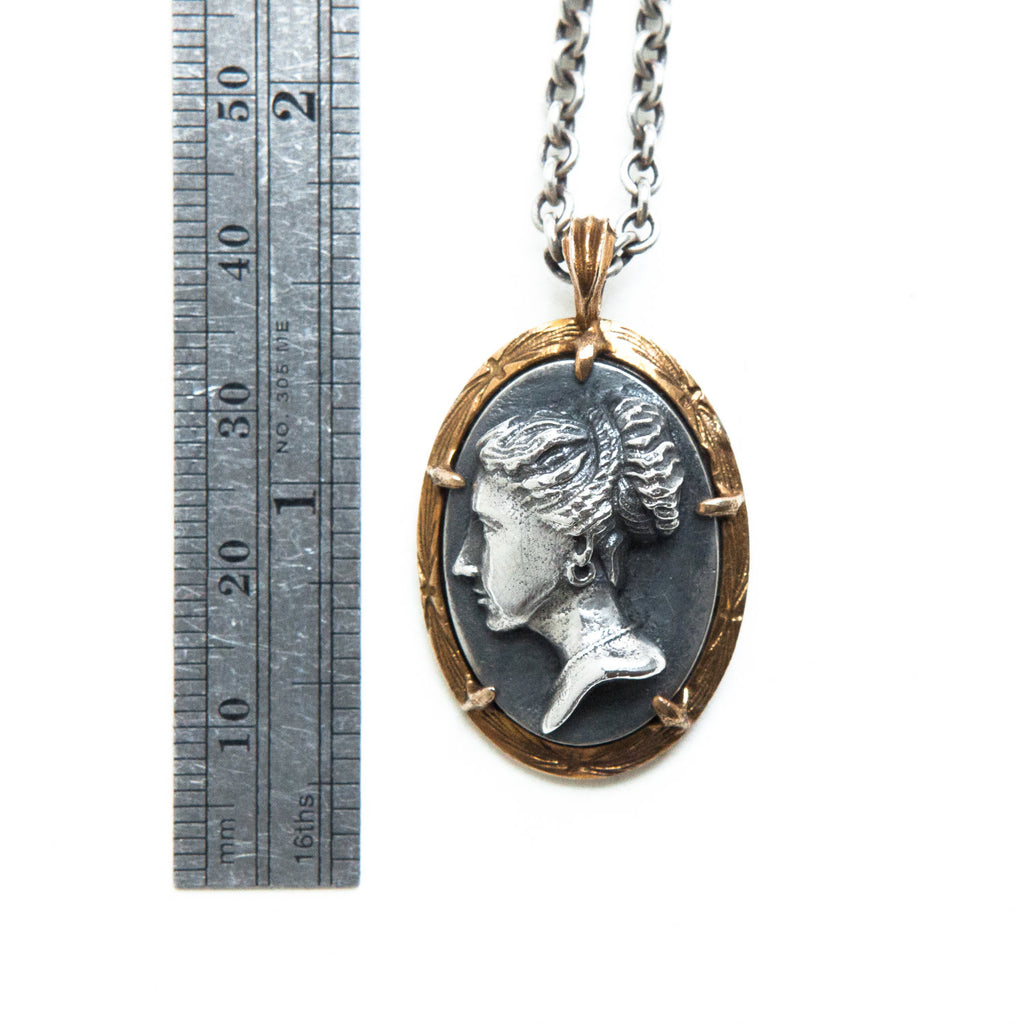 Grecian inspired double-sided cameo pendant with aged stone version on the back, silver and bronze-measure
