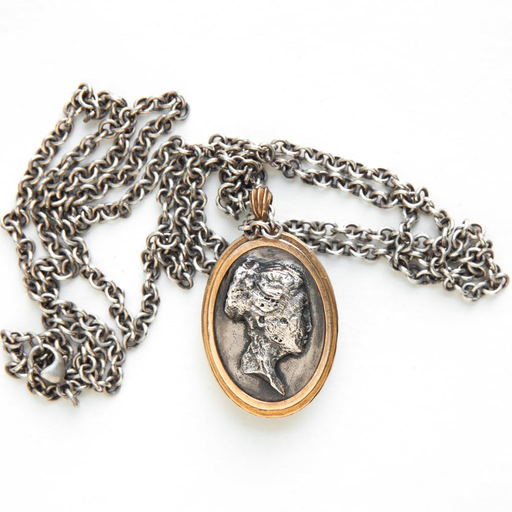 Grecian inspired double-sided cameo pendant with aged stone version on the back, silver and bronze-back