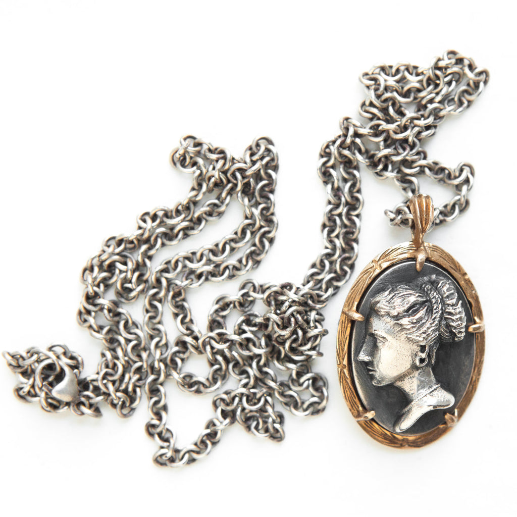 Grecian inspired double-sided cameo pendant with aged stone version on the back, silver and bronze-front