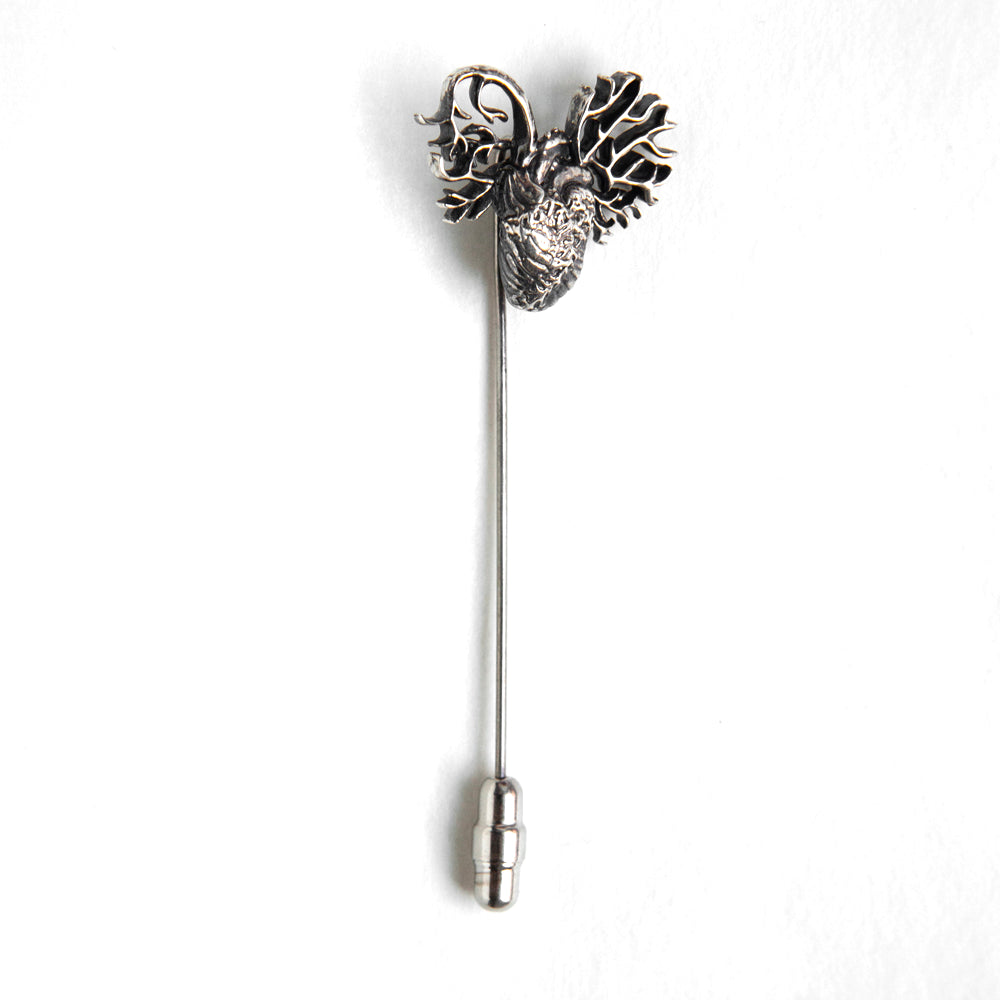 Realistic Heart lapel or hat pin, sterling silver, side
