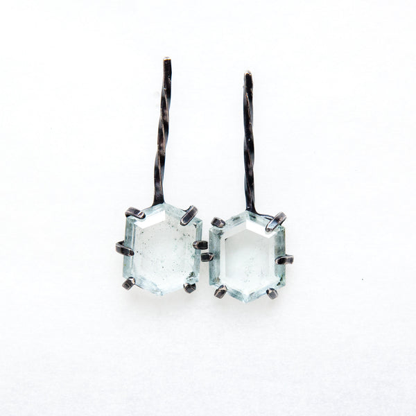 unheated hexagonal aquamarine twisted silver earrings