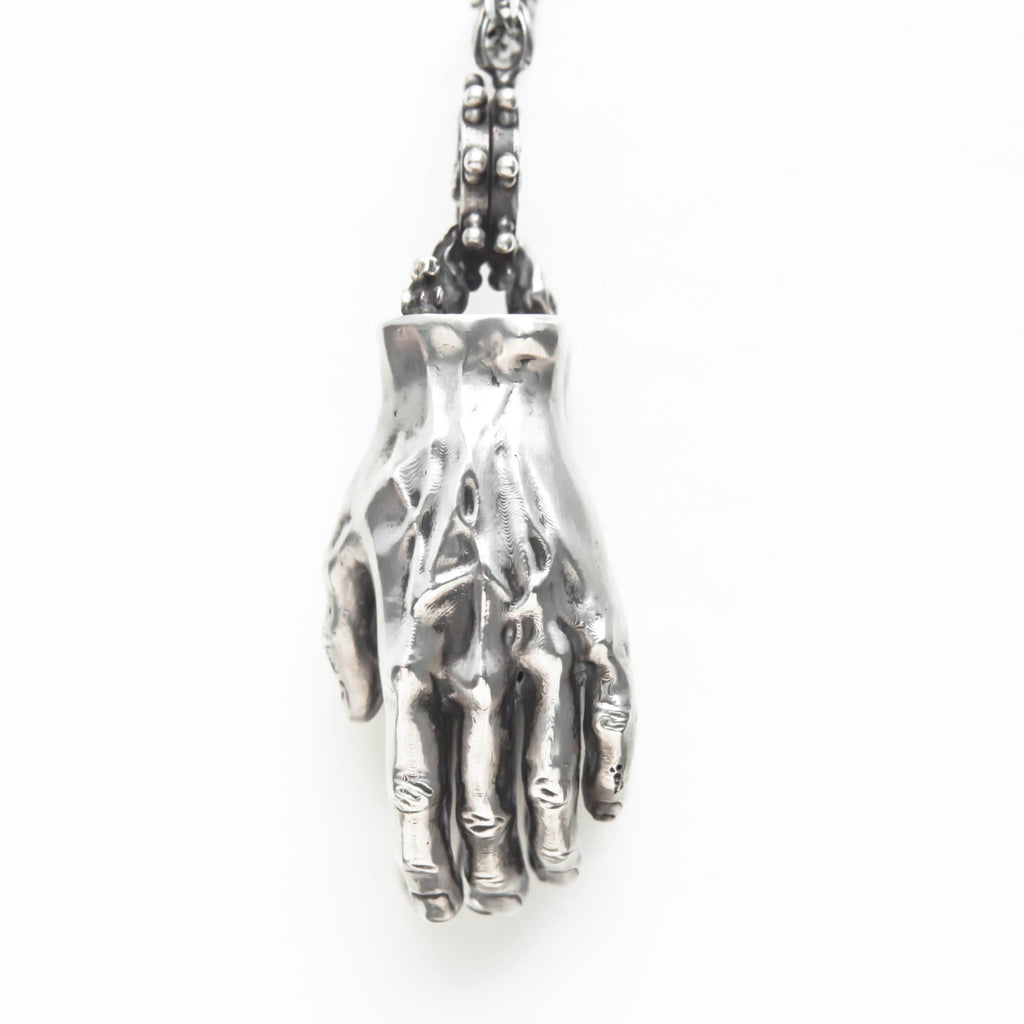 Silver hands pendant opens to reveal hidden eyes-hand detail