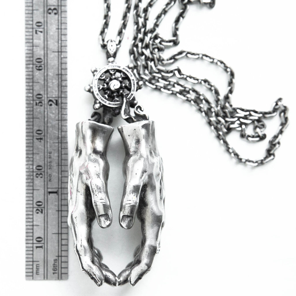Silver hands pendant opens to reveal hidden eyes-measure