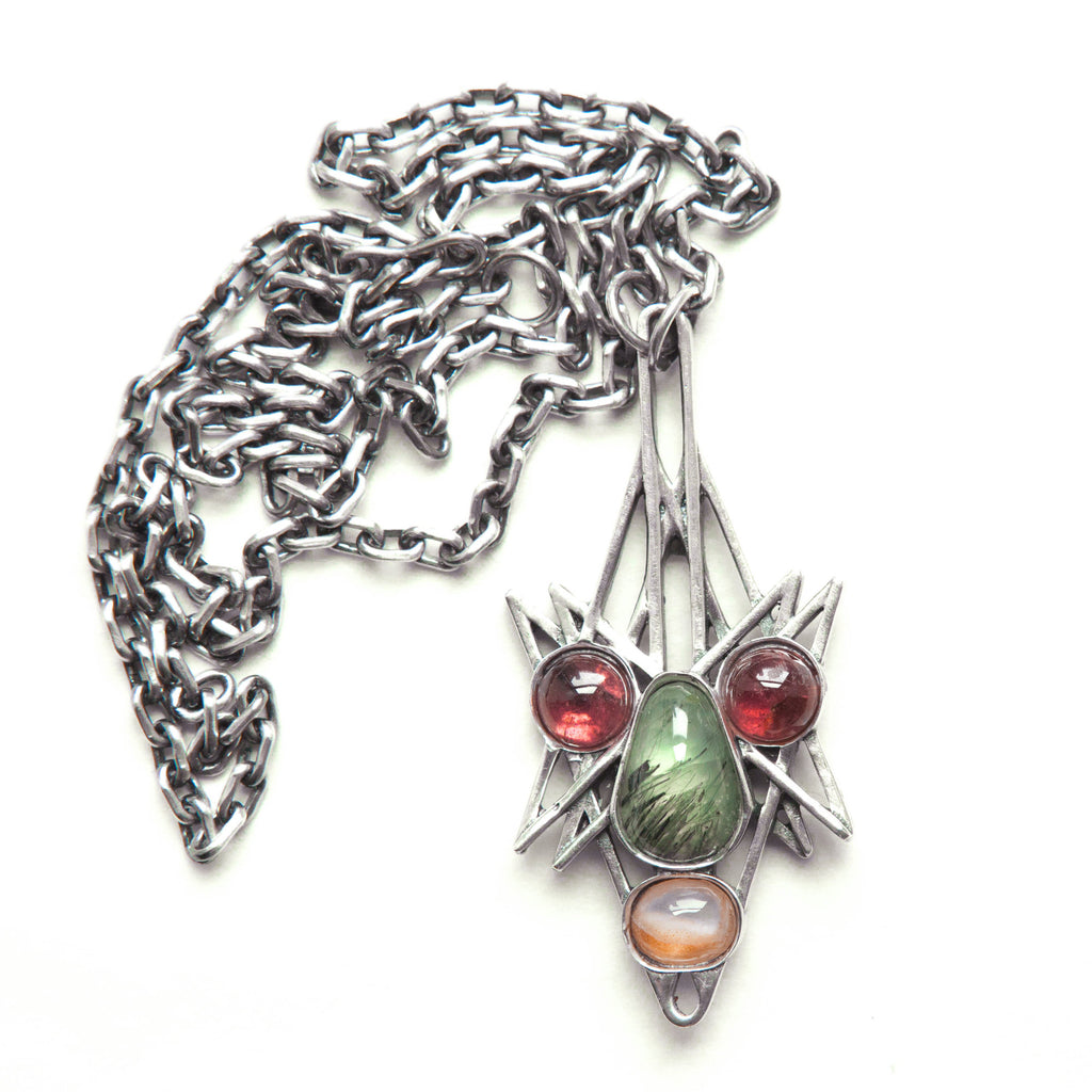 stone face silver pendant with tourmaline prehnite agate-front view