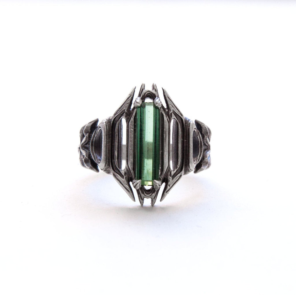 open work ring, sterling silver with green tourmaline baguette/size 7.5, front