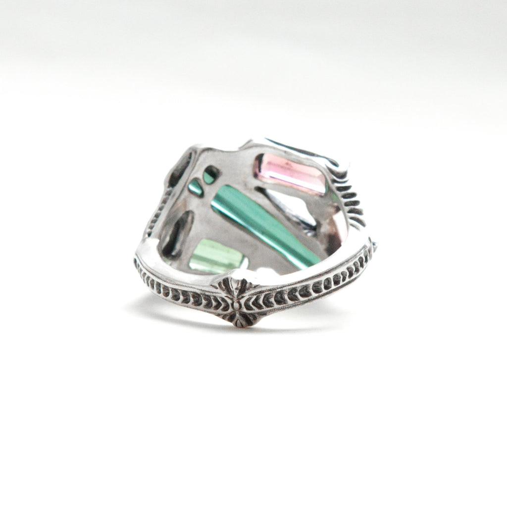 4tourmaline,silver ring,size 8.25, pink and green tourmalines, back