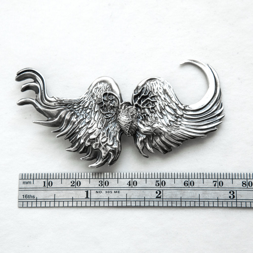 Stylized wings brooch with realistic heart, sterling silver, measure